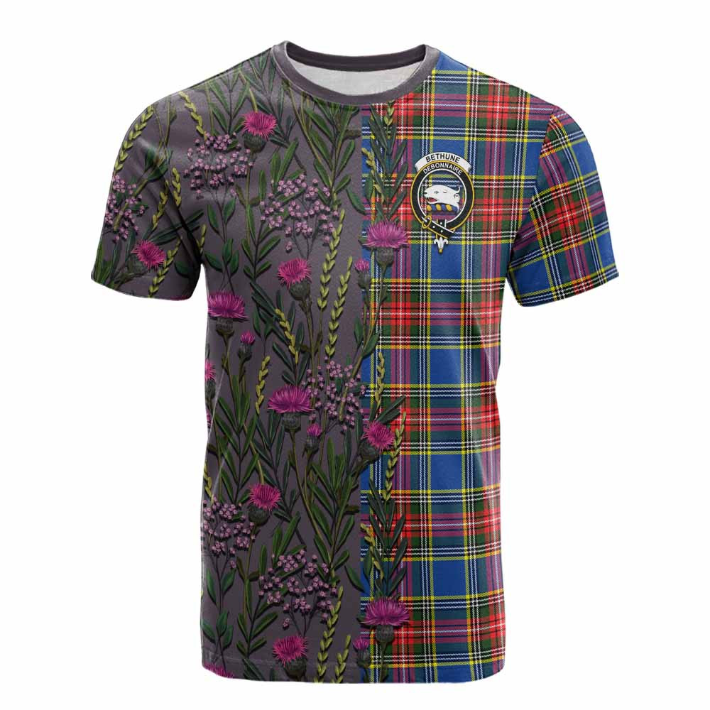 ScotsTee Shop Scottish Bethune Family Crest Tartan T-shirt Scottish Thistle Flower Half Style