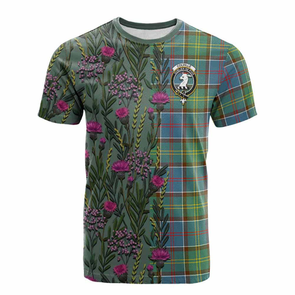 ScotsTee Shop Scottish Colville Family Crest Tartan T-shirt Scottish Thistle Flower Half Style