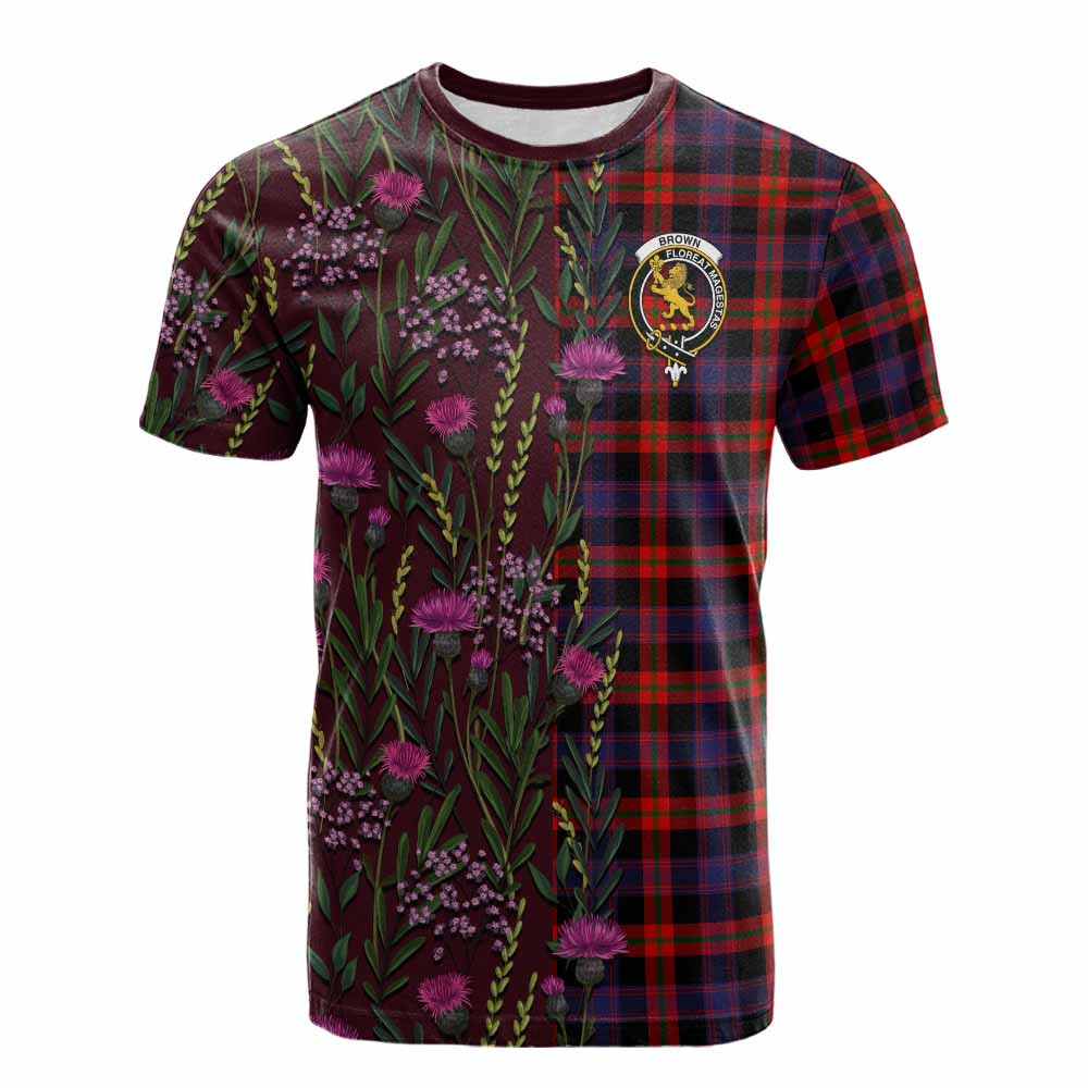 ScotsTee Shop Scottish Brown (Broun) Family Crest Tartan T-shirt Scottish Thistle Flower Half Style