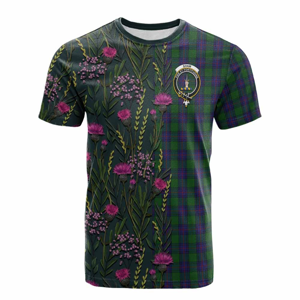 ScotsTee Shop Scottish Shaw Family Crest Tartan T-shirt Scottish Thistle Flower Half Style