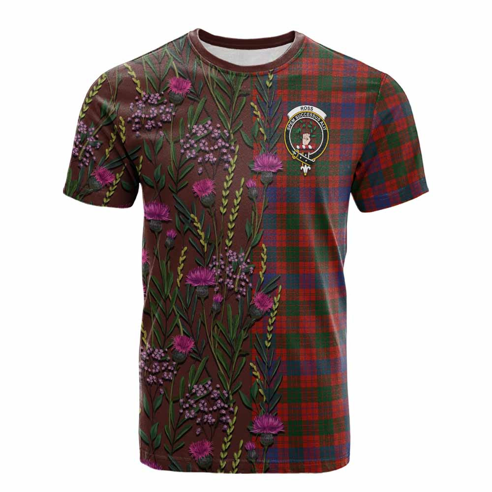 ScotsTee Shop Scottish Ross Family Crest Tartan T-shirt Scottish Thistle Flower Half Style