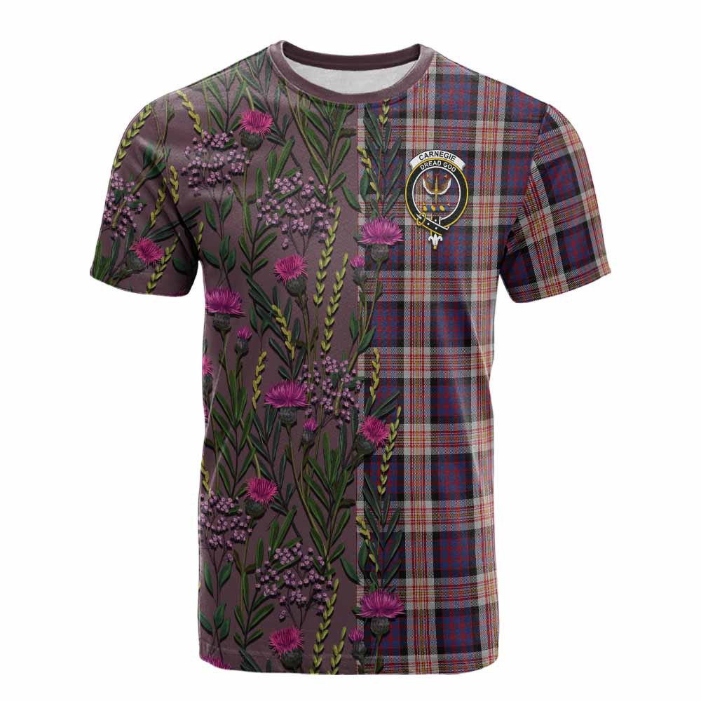 ScotsTee Shop Scottish Carnegie Family Crest Tartan T-shirt Scottish Thistle Flower Half Style
