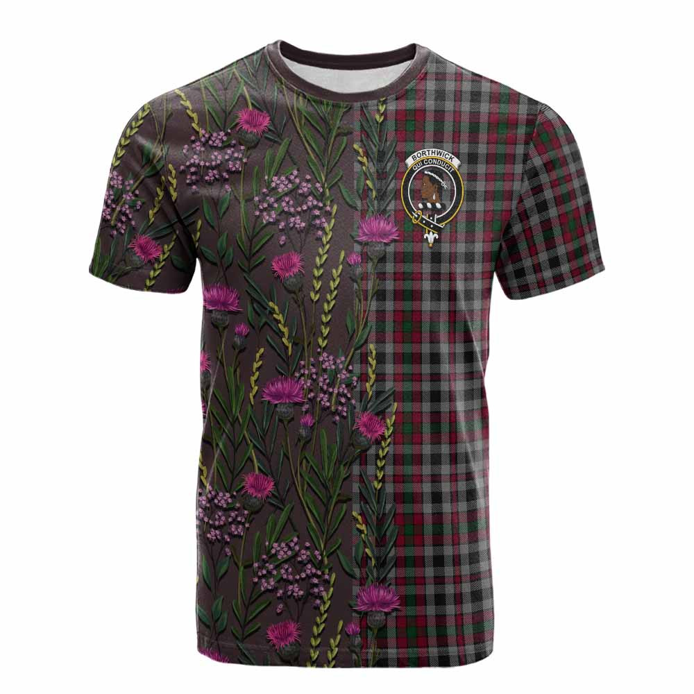 ScotsTee Shop Scottish Borthwick Family Crest Tartan T-shirt Scottish Thistle Flower Half Style