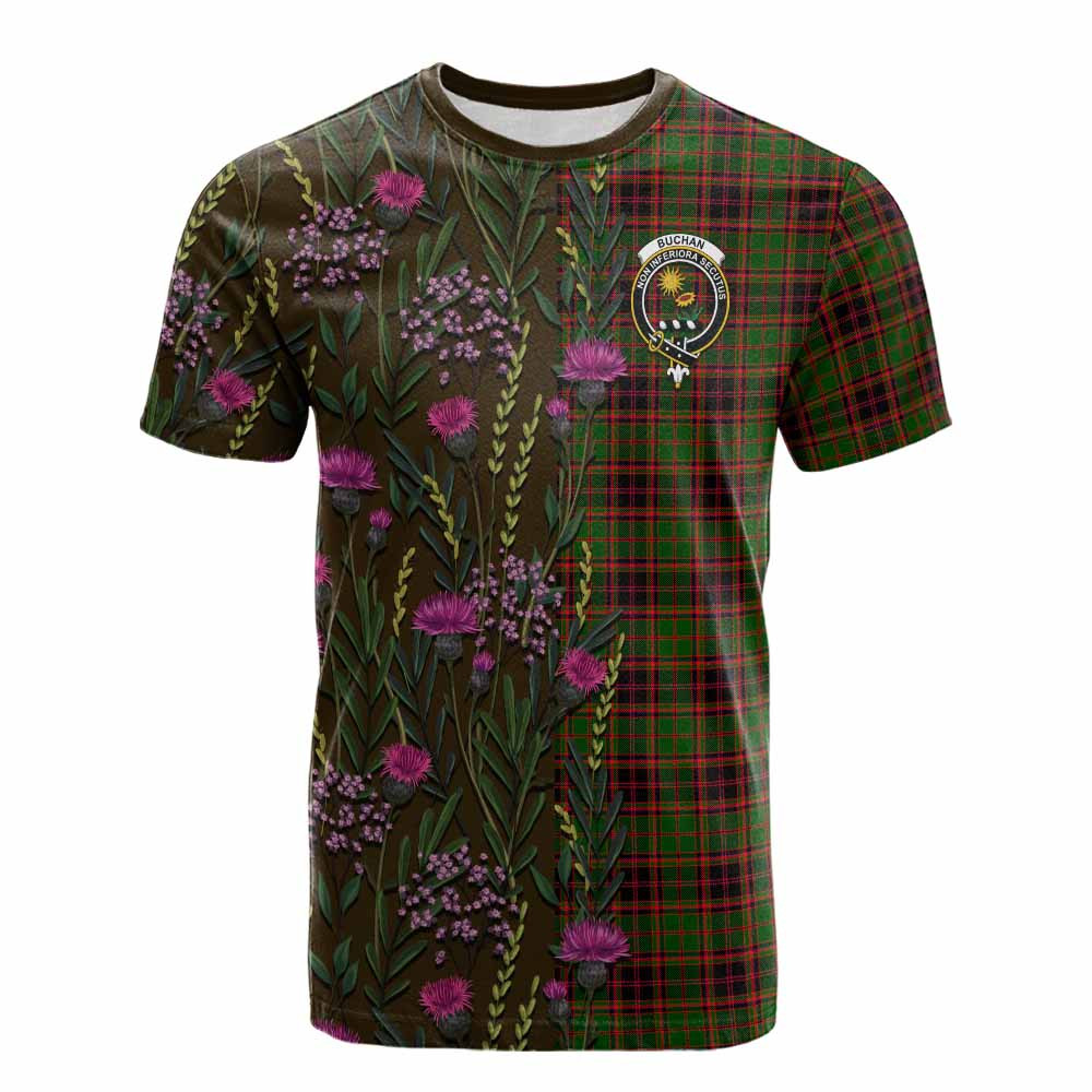 ScotsTee Shop Scottish Buchan Family Crest Tartan T-shirt Scottish Thistle Flower Half Style