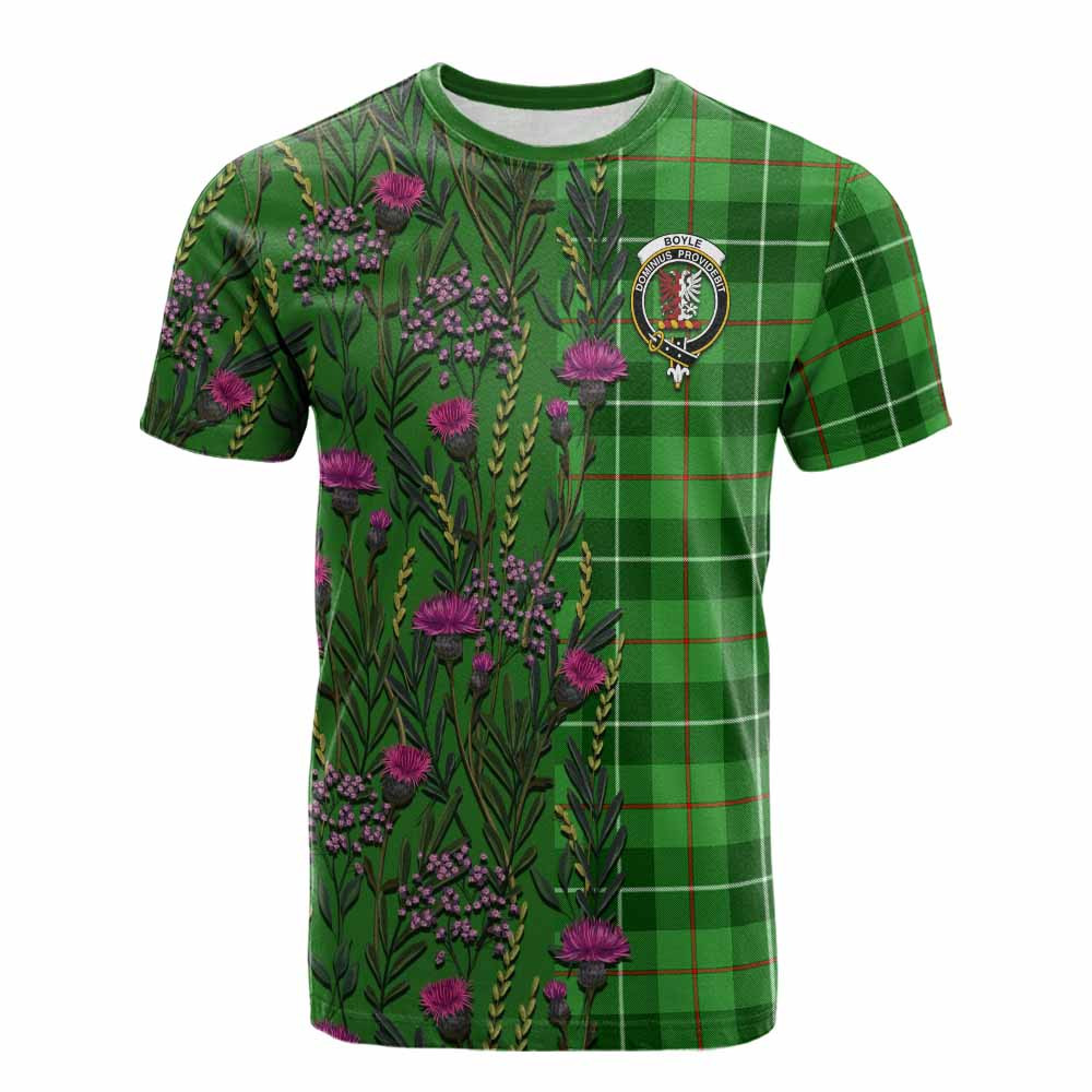 ScotsTee Shop Scottish Boyle Family Crest Tartan T-shirt Scottish Thistle Flower Half Style