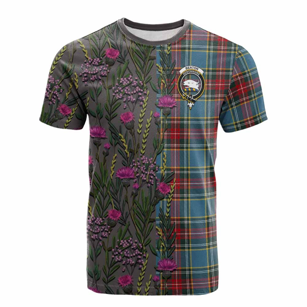 ScotsTee Shop Scottish Beaton Family Crest Tartan T-shirt Scottish Thistle Flower Half Style
