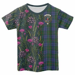 ScotsTee Shop Scottish Colquhoun Family Crest Tartan T-shirt Scottish Thistle Flower Half Style