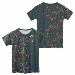 ScotsTee Shop Scottish Colquhoun Family Crest Tartan T-shirt Scottish Thistle Flower Half Style