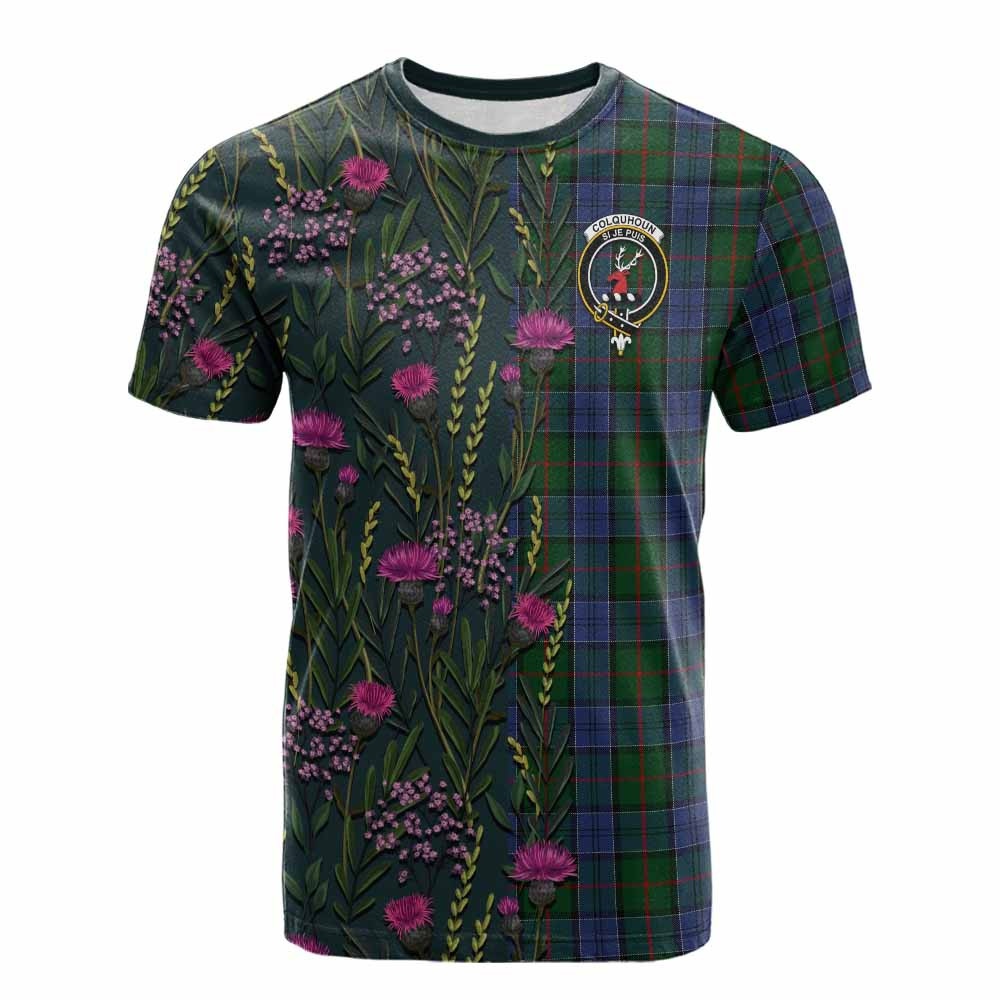 ScotsTee Shop Scottish Colquhoun Family Crest Tartan T-shirt Scottish Thistle Flower Half Style