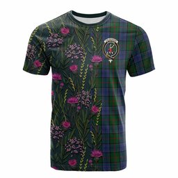 ScotsTee Shop Scottish Colquhoun Family Crest Tartan T-shirt Scottish Thistle Flower Half Style