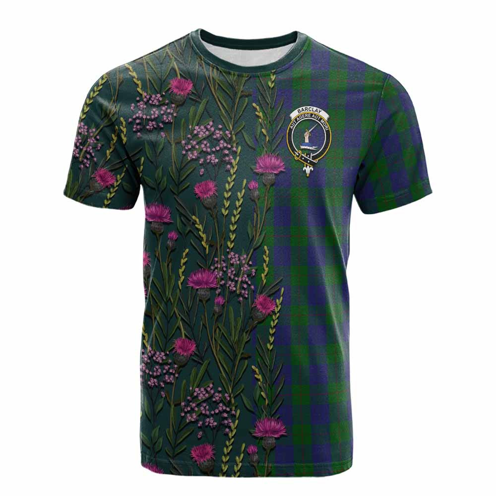 ScotsTee Shop Scottish Barclay Family Crest Tartan T-shirt Scottish Thistle Flower Half Style