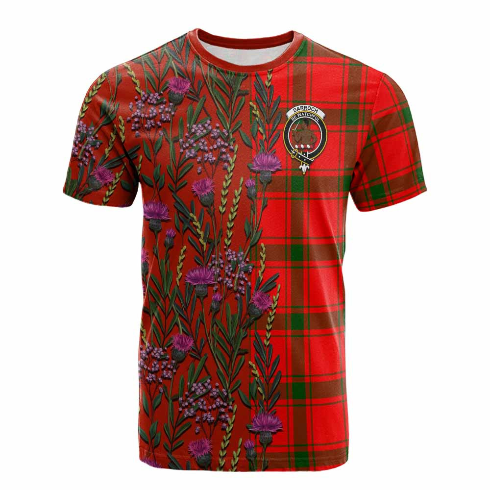 ScotsTee Shop Scottish Darroch Family Crest Tartan T-shirt Scottish Thistle Flower Half Style