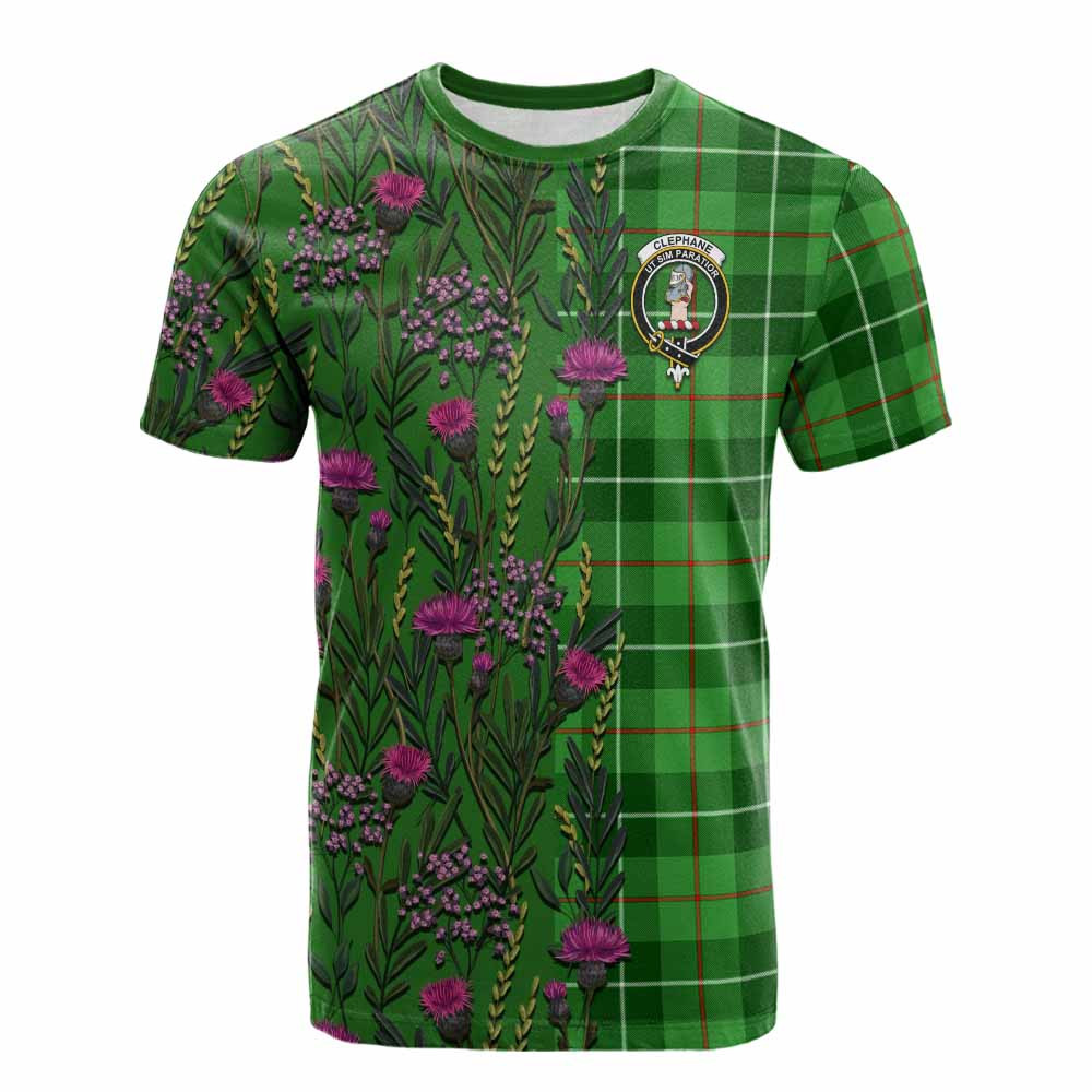 ScotsTee Shop Scottish Clephane (Clephan) Family Crest Tartan T-shirt Scottish Thistle Flower Half Style