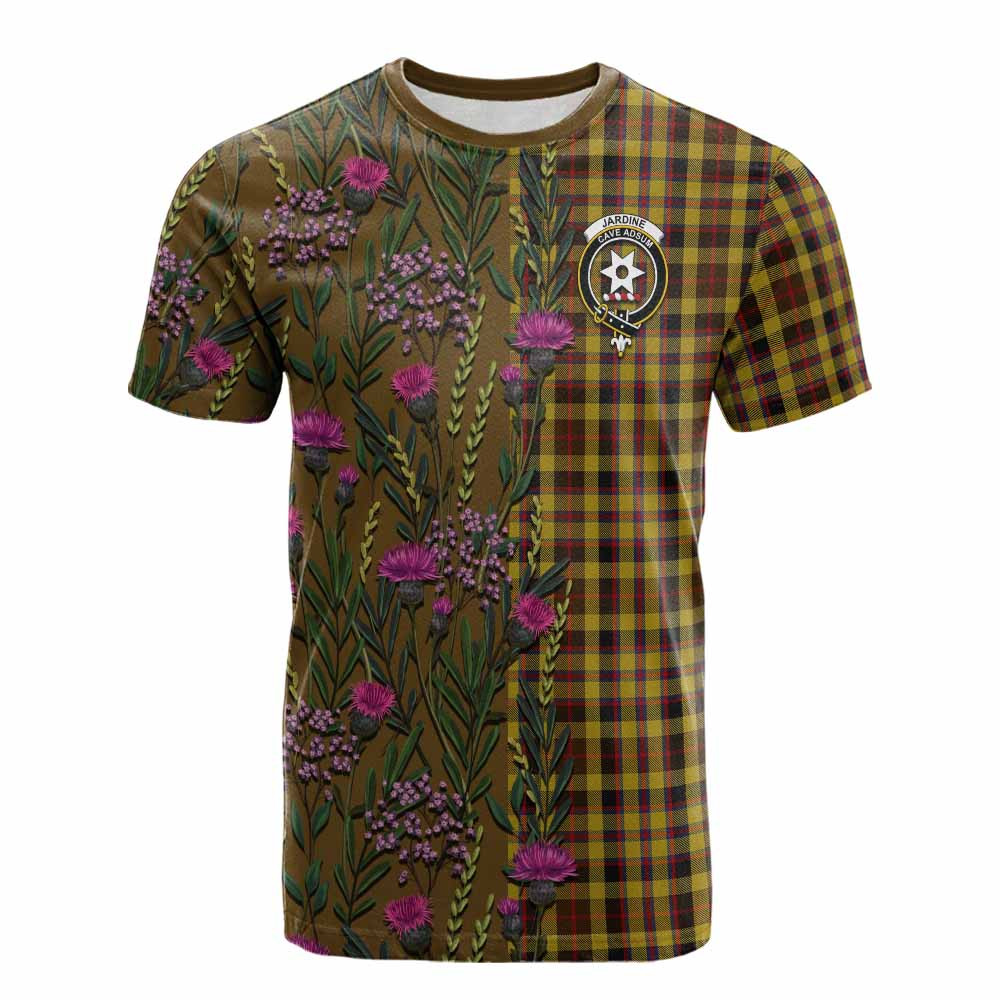ScotsTee Shop Scottish Jardine Family Crest Tartan T-shirt Scottish Thistle Flower Half Style