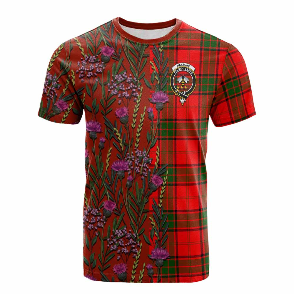 ScotsTee Shop Scottish Maxtone Family Crest Tartan T-shirt Scottish Thistle Flower Half Style