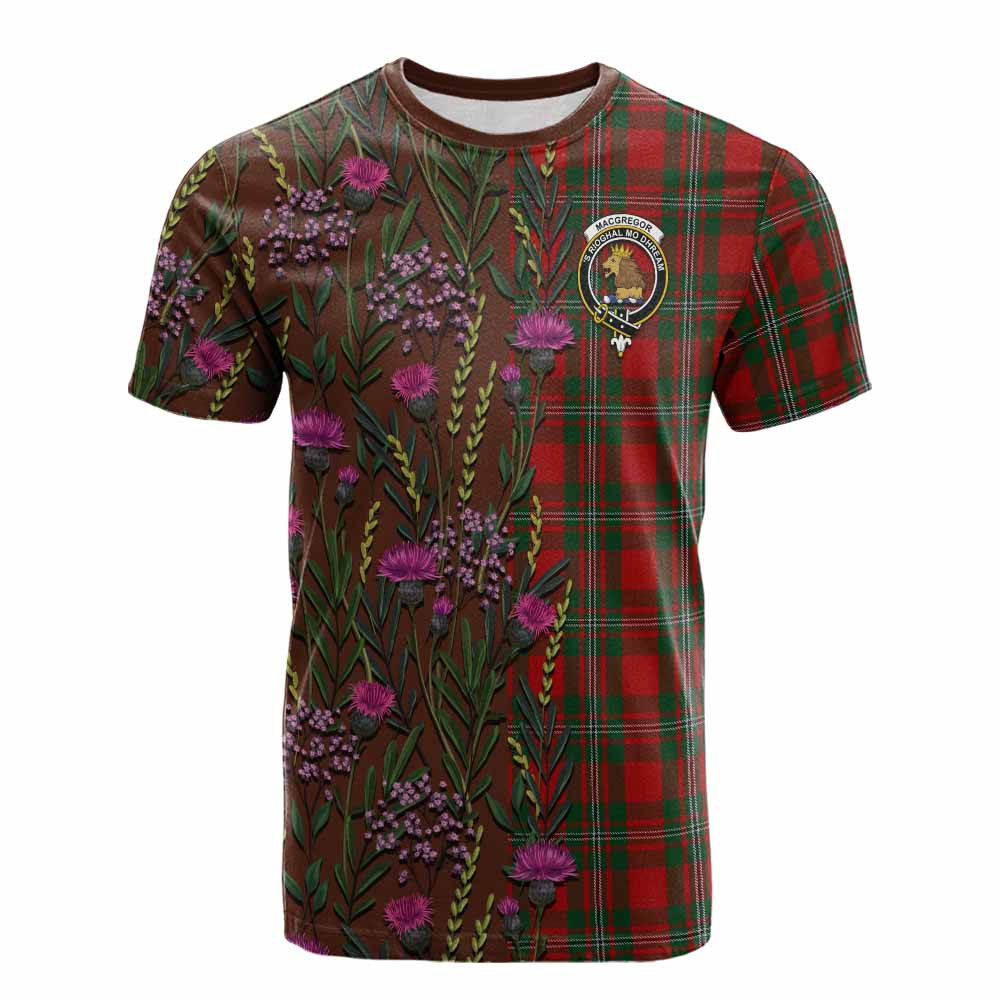ScotsTee Shop Scottish MacGregor (McGregor) Family Crest Tartan T-shirt Scottish Thistle Flower Half Style
