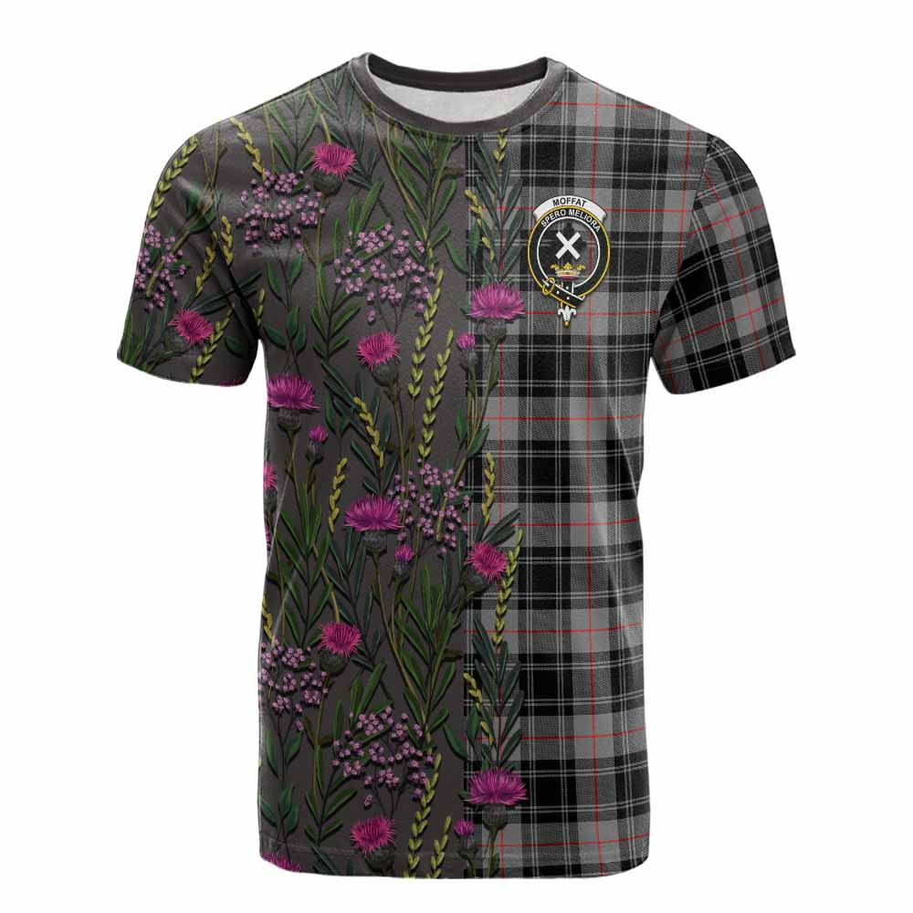 ScotsTee Shop Scottish Moffat Family Crest Tartan T-shirt Scottish Thistle Flower Half Style