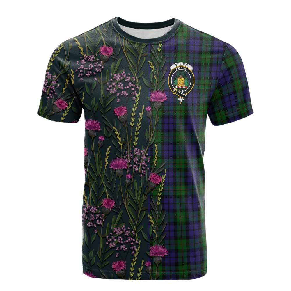 ScotsTee Shop Scottish Dundas Family Crest Tartan T-shirt Scottish Thistle Flower Half Style