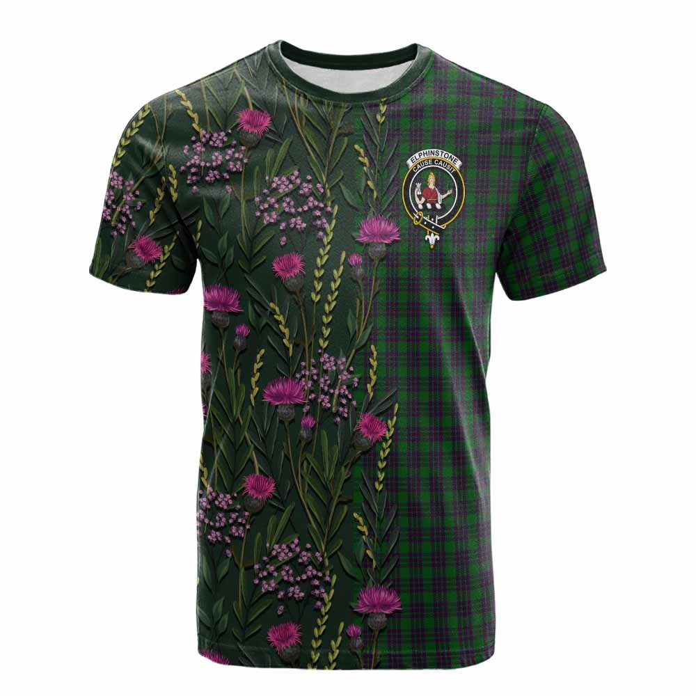 ScotsTee Shop Scottish Elphinstone Family Crest Tartan T-shirt Scottish Thistle Flower Half Style