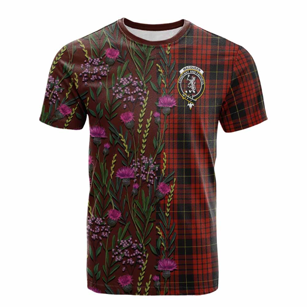 ScotsTee Shop Scottish MacQueen (McQueen) Family Crest Tartan T-shirt Scottish Thistle Flower Half Style