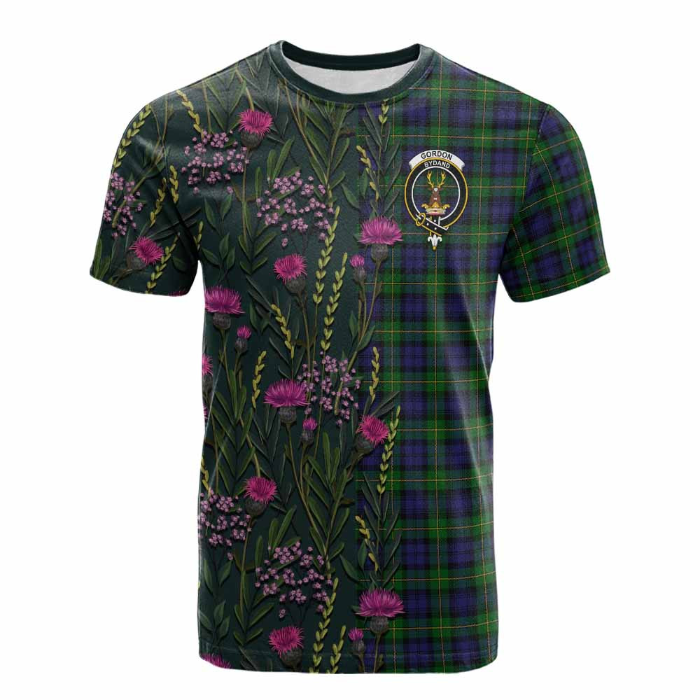 ScotsTee Shop Scottish Gordon Family Crest Tartan T-shirt Scottish Thistle Flower Half Style