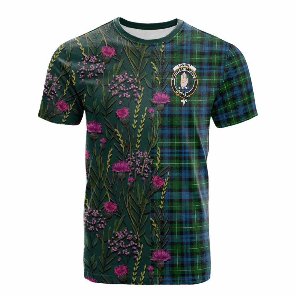 ScotsTee Shop Scottish Lamont Family Crest Tartan T-shirt Scottish Thistle Flower Half Style