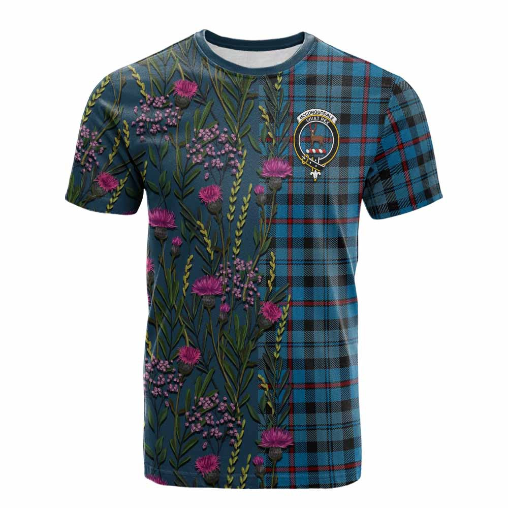 ScotsTee Shop Scottish MacCorquodale (McCorquodale) Family Crest Tartan T-shirt Scottish Thistle Flower Half Style