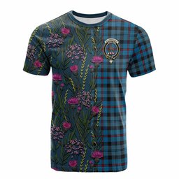 ScotsTee Shop Scottish MacCorquodale (McCorquodale) Family Crest Tartan T-shirt Scottish Thistle Flower Half Style