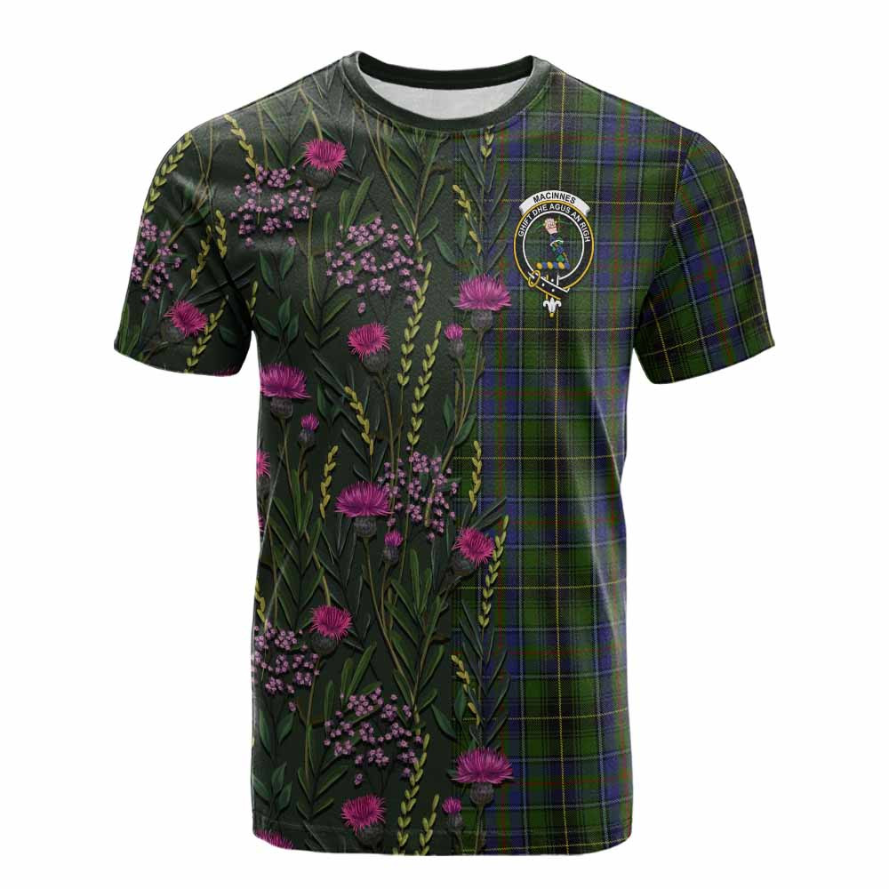 ScotsTee Shop Scottish MacInnes (McInnes) Family Crest Tartan T-shirt Scottish Thistle Flower Half Style
