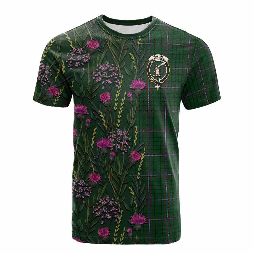 ScotsTee Shop Scottish MacRae (McRae) Family Crest Tartan T-shirt Scottish Thistle Flower Half Style