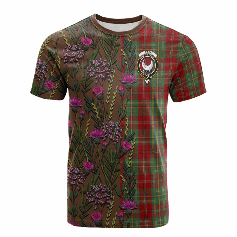 ScotsTee Shop Scottish Leask Family Crest Tartan T-shirt Scottish Thistle Flower Half Style