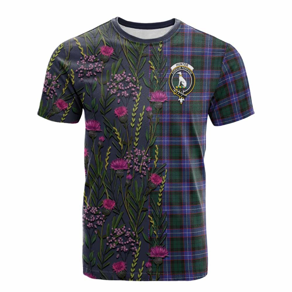 ScotsTee Shop Scottish Hunter (Hunterston) Family Crest Tartan T-shirt Scottish Thistle Flower Half Style