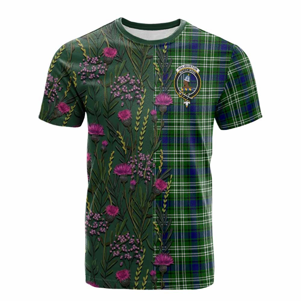 ScotsTee Shop Scottish Haliburton Family Crest Tartan T-shirt Scottish Thistle Flower Half Style