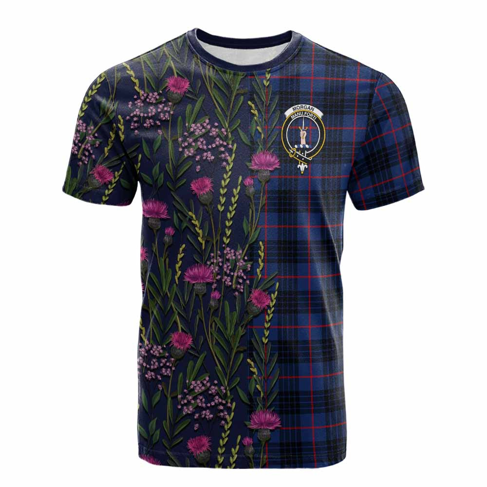 ScotsTee Shop Scottish Morgan Family Crest Tartan T-shirt Scottish Thistle Flower Half Style
