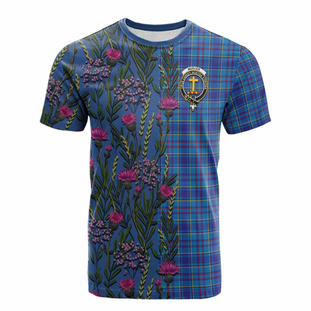 ScotsTee Shop Scottish Mercer Family Crest Tartan T-shirt Scottish Thistle Flower Half Style