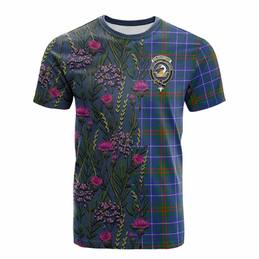 ScotsTee Shop Scottish Edmonstone Family Crest Tartan T-shirt Scottish Thistle Flower Half Style