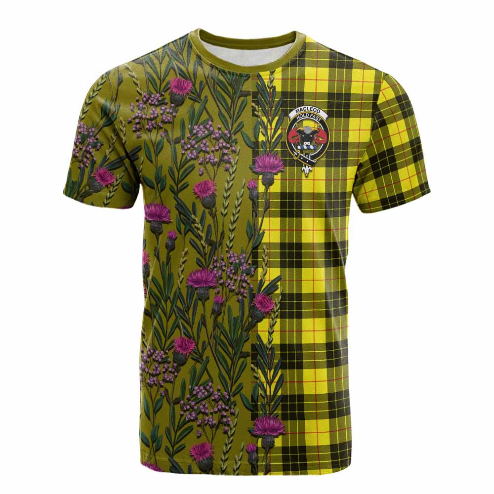 ScotsTee Shop Scottish MacLeod (McLeod) Family Crest Tartan T-shirt Scottish Thistle Flower Half Style
