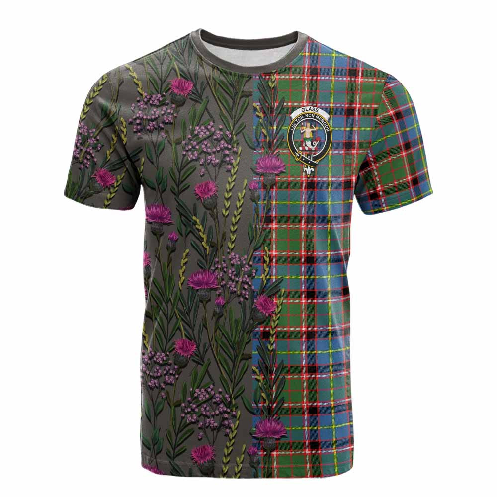 ScotsTee Shop Scottish Glass Family Crest Tartan T-shirt Scottish Thistle Flower Half Style