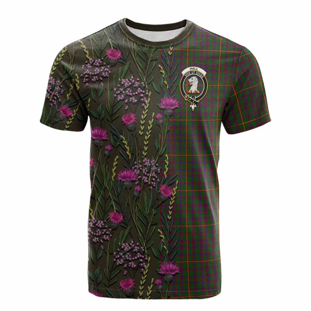 ScotsTee Shop Scottish Hall Family Crest Tartan T-shirt Scottish Thistle Flower Half Style