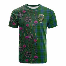 ScotsTee Shop Scottish Johnstone (Johnston) Family Crest Tartan T-shirt Scottish Thistle Flower Half Style