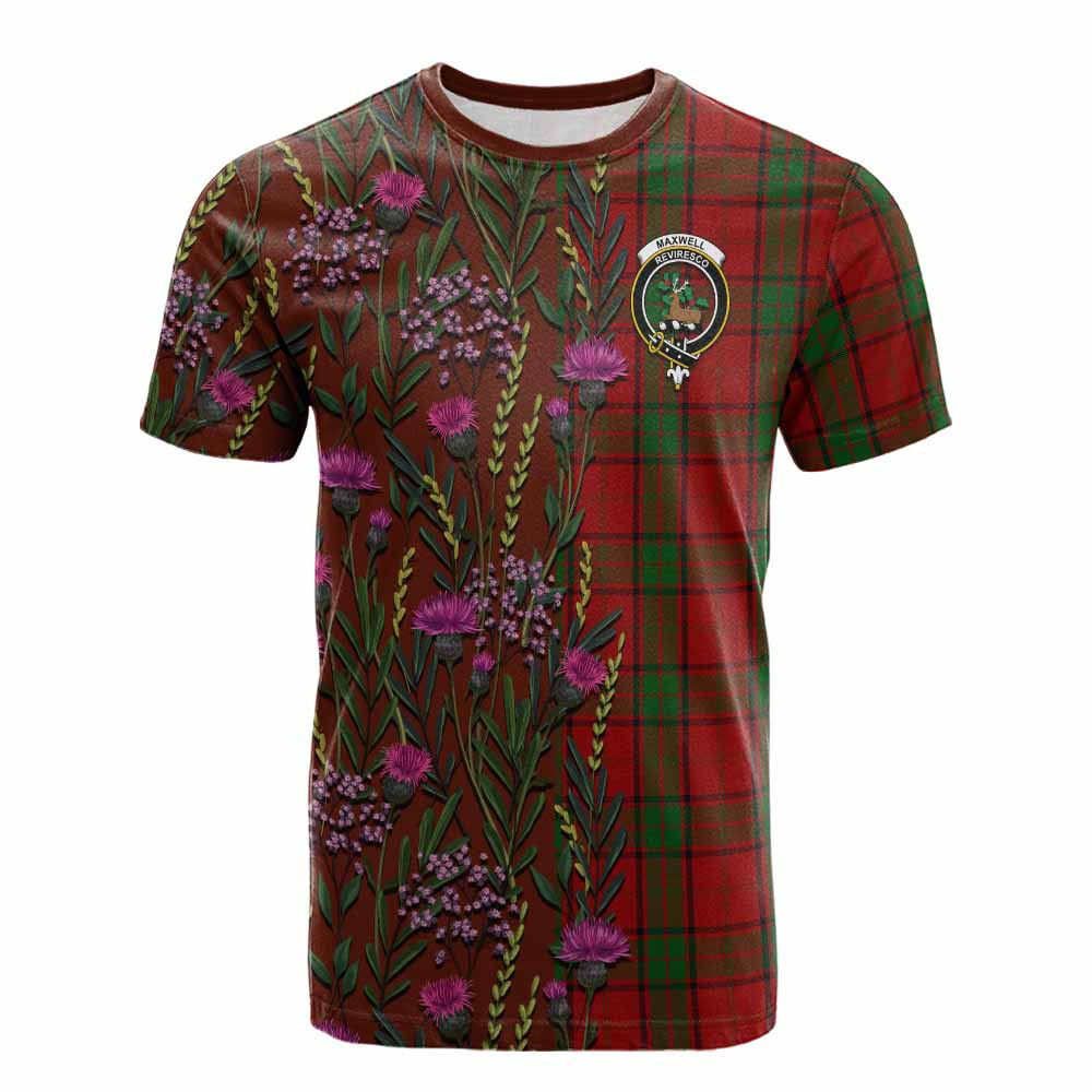 ScotsTee Shop Scottish Maxwell Family Crest Tartan T-shirt Scottish Thistle Flower Half Style