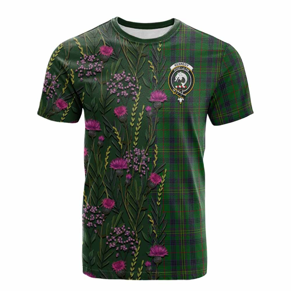 ScotsTee Shop Scottish Kennedy Family Crest Tartan T-shirt Scottish Thistle Flower Half Style