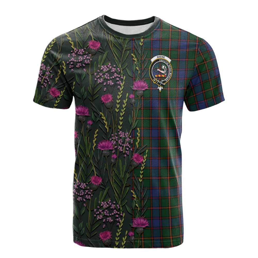 ScotsTee Shop Scottish Skene Family Crest Tartan T-shirt Scottish Thistle Flower Half Style