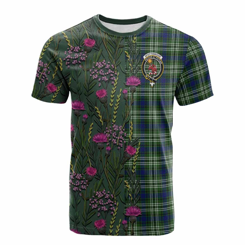 ScotsTee Shop Scottish Spottiswood Family Crest Tartan T-shirt Scottish Thistle Flower Half Style