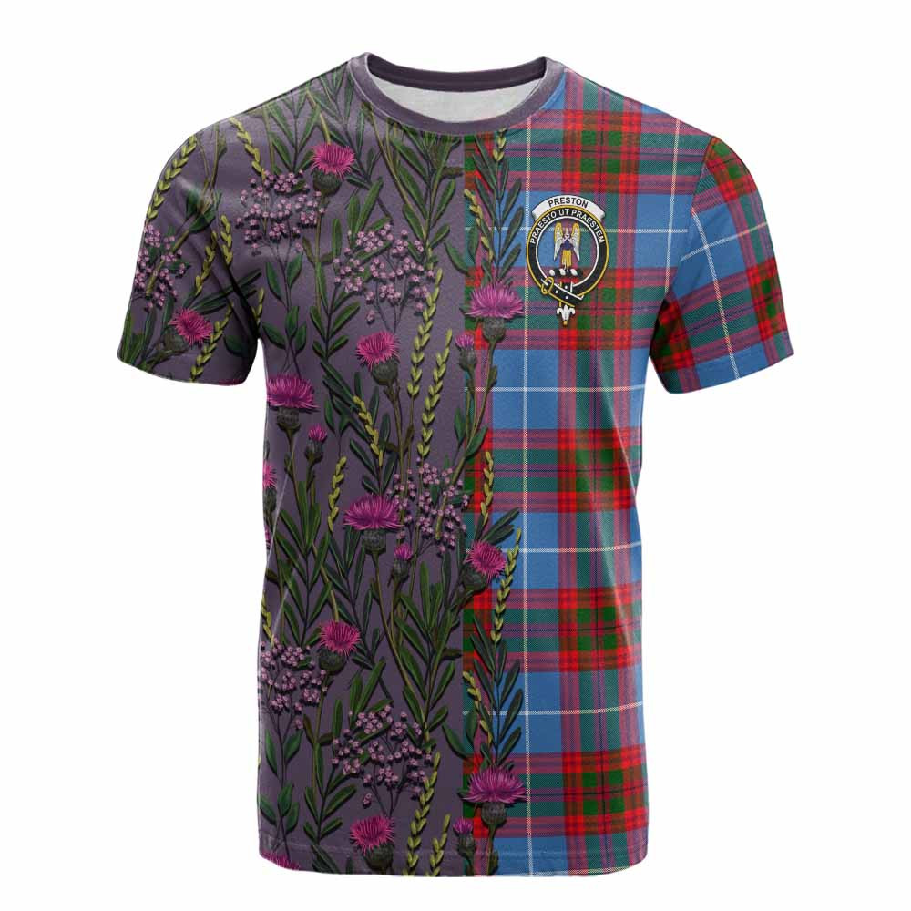 ScotsTee Shop Scottish Preston Family Crest Tartan T-shirt Scottish Thistle Flower Half Style