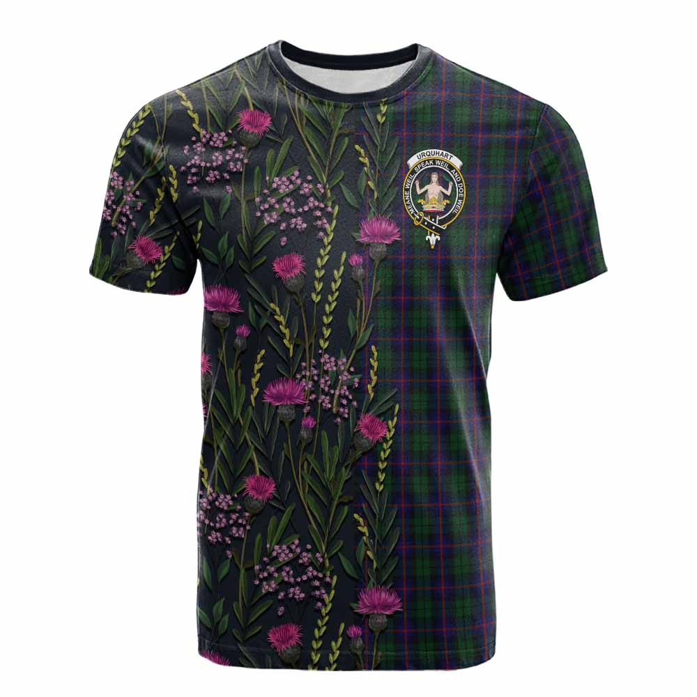 ScotsTee Shop Scottish Urquhart Family Crest Tartan T-shirt Scottish Thistle Flower Half Style