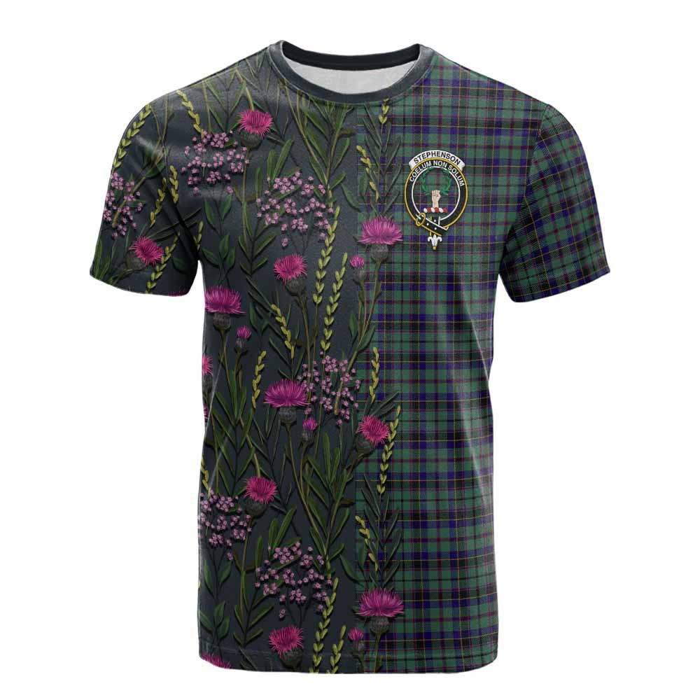 ScotsTee Shop Scottish Stephenson (Stevenson) Family Crest Tartan T-shirt Scottish Thistle Flower Half Style
