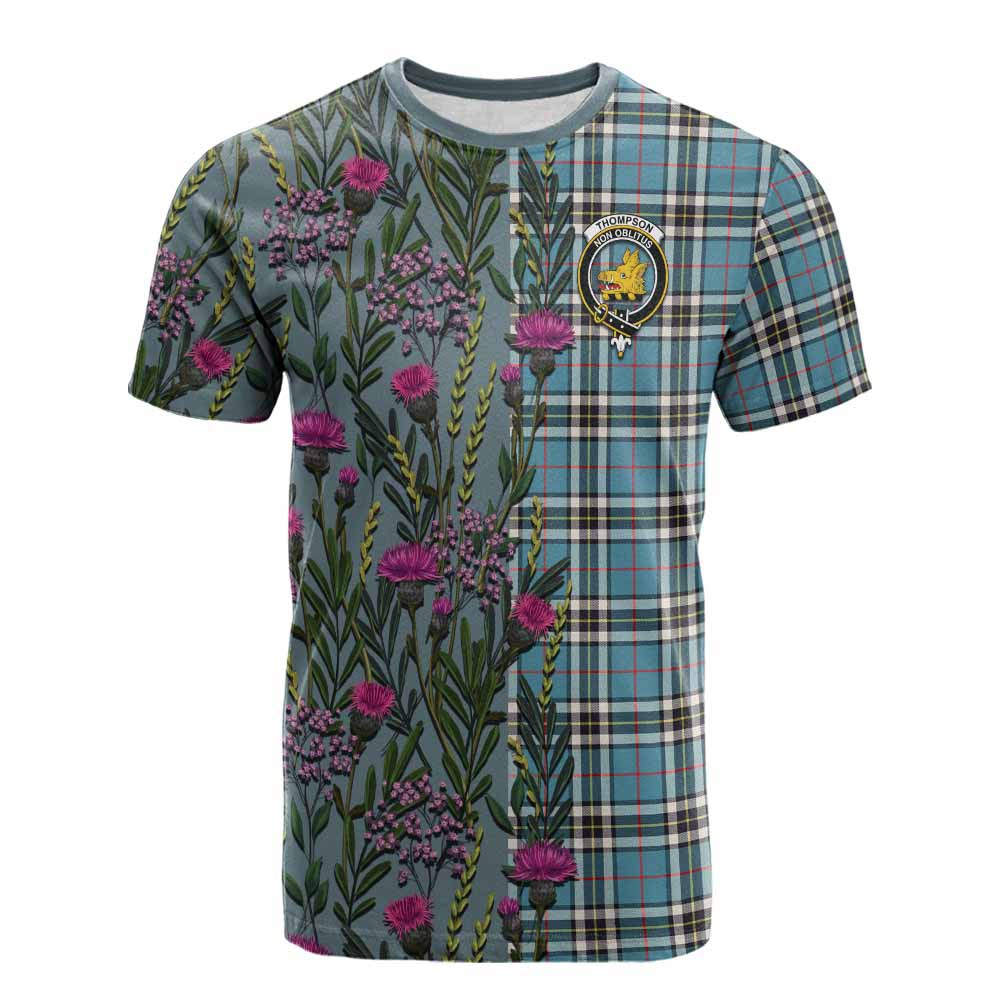 ScotsTee Shop Scottish Thompson (Thomson) Family Crest Tartan T-shirt Scottish Thistle Flower Half Style