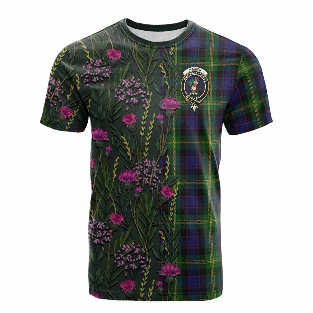 ScotsTee Shop Scottish Watson Family Crest Tartan T-shirt Scottish Thistle Flower Half Style