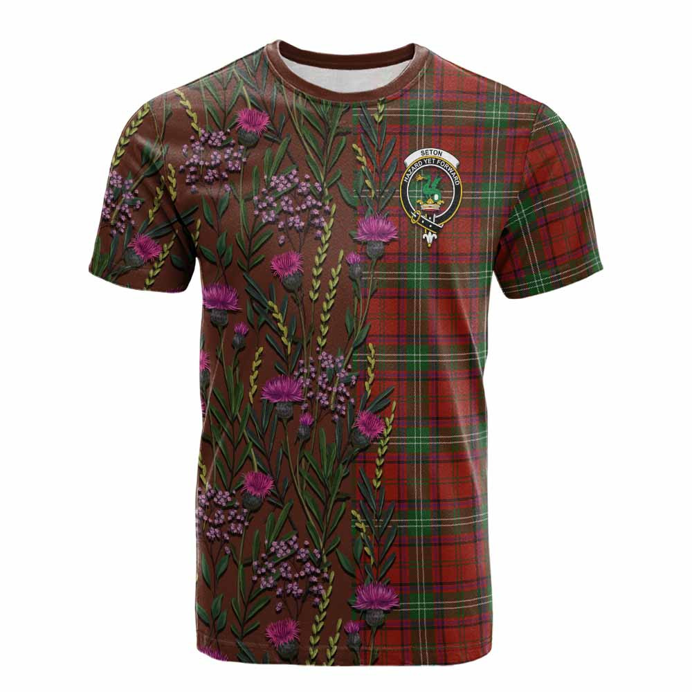 ScotsTee Shop Scottish Seton Family Crest Tartan T-shirt Scottish Thistle Flower Half Style